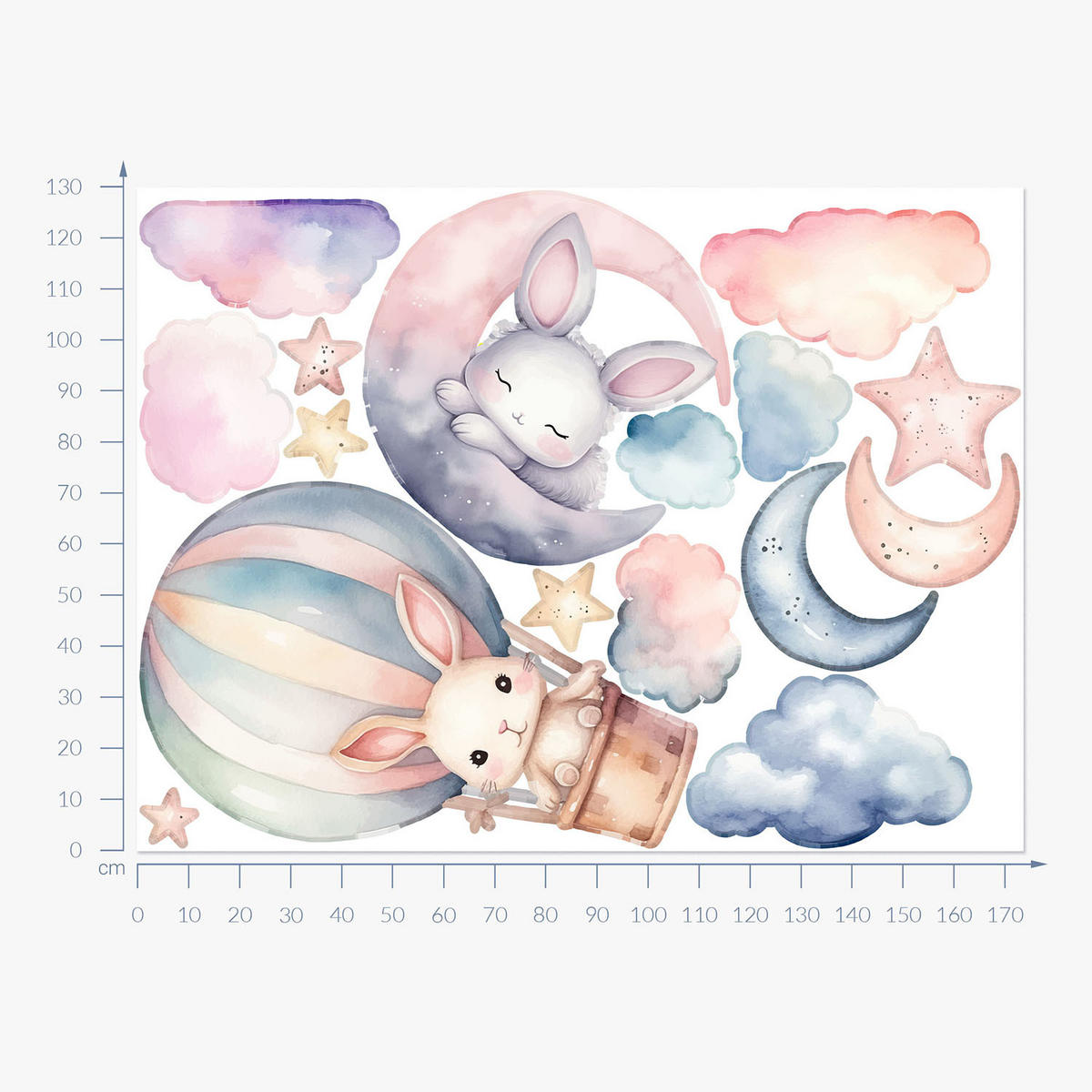 WANDAUFKLEBER 130x173cm - Kaninchen und ein Ballon - Multicolor, Kunststoff (130/173/0.1cm) - Wallfluent