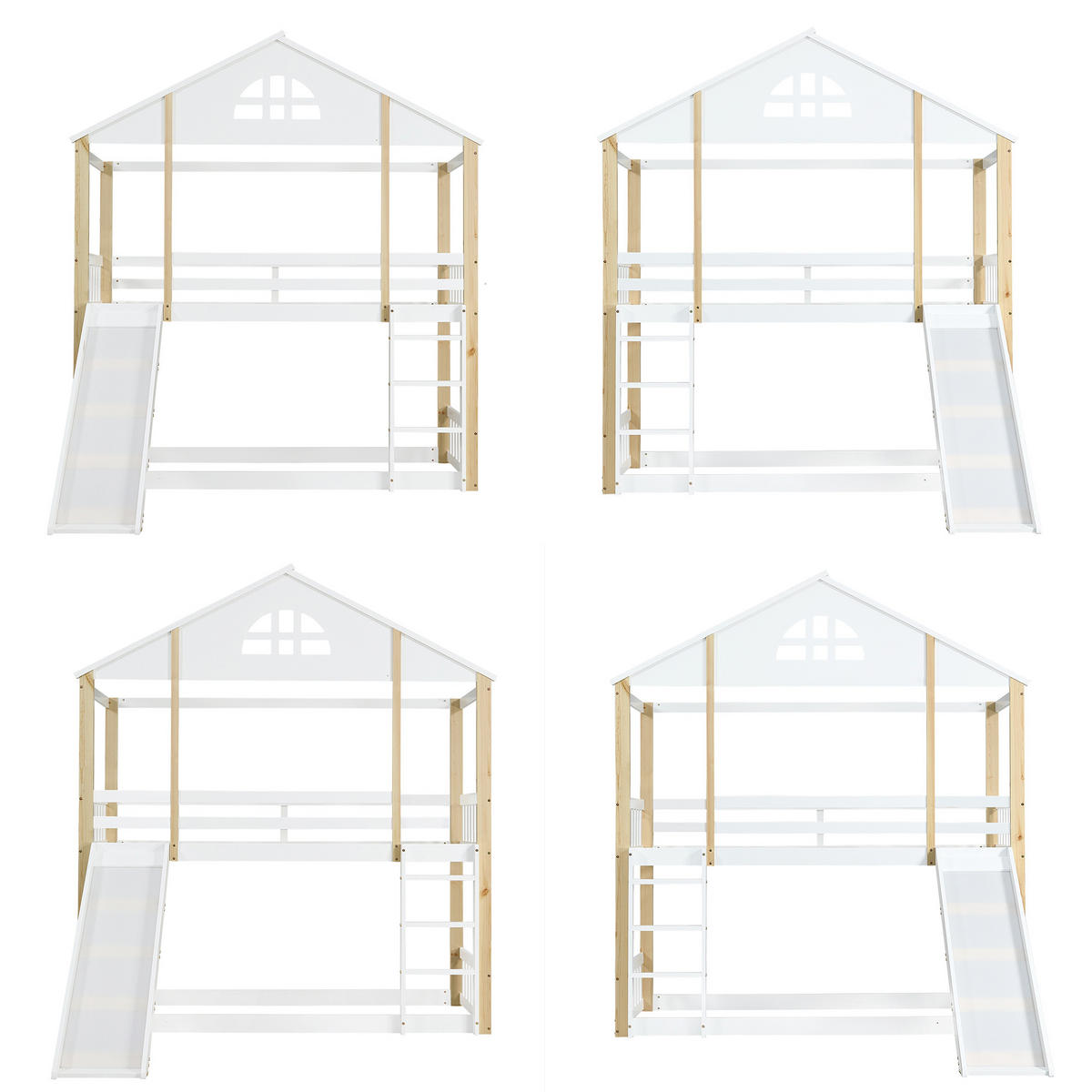 ETAGENBETT 90/200 cm mit Rutsche, Winkeltreppe, Fensterdesign und Hausrahmen aus Massivholz und MDF, Weiß/Natur - Weiß, Holz (90/200cm) - Redom