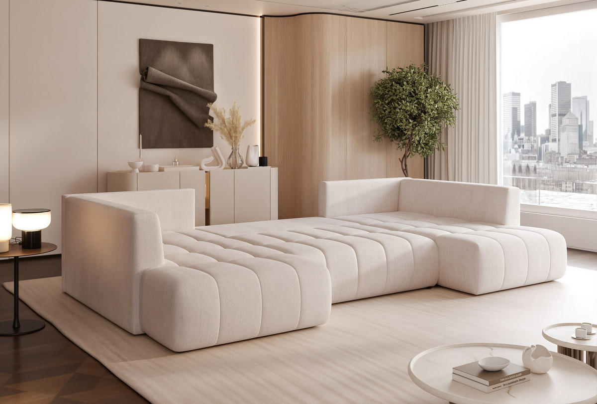 WOHNLANDSCHAFT STONE mit Schlaffunktion und Bettkasten, Stoff Beige - Beige, Kunststoff/Textil (350/91/190cm) - Idohome