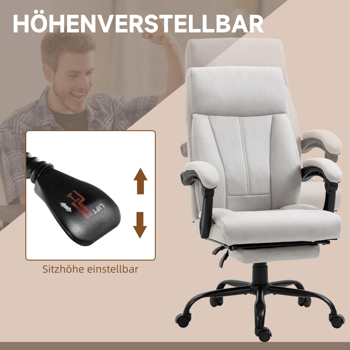 MASSAGE-BÜROSTUHL, 111-119cm Schreibtischstuhl mit Heizfunktion - Hellgrau, Kunststoff (74/119/65cm) - Vinsetto