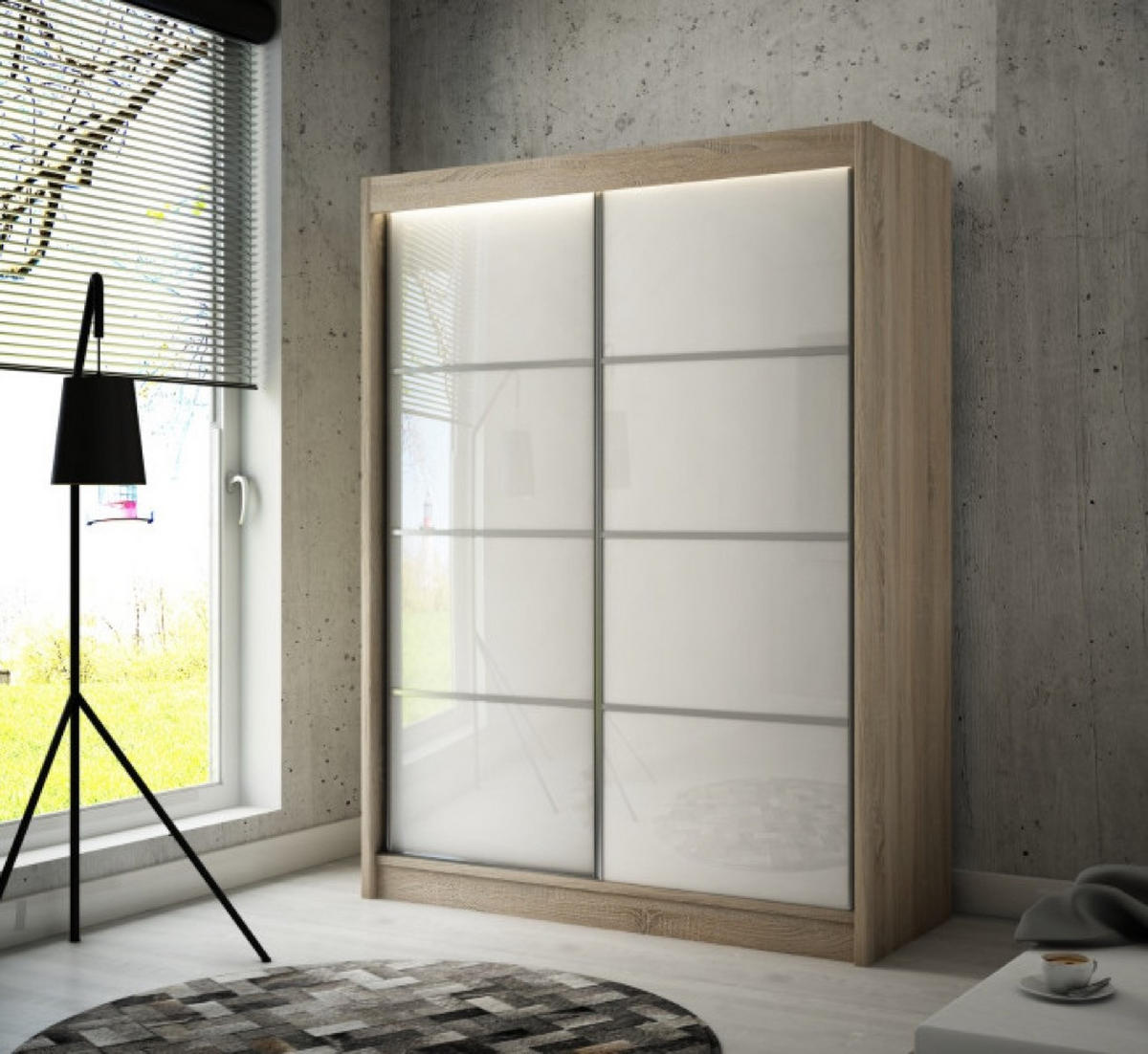SCHRANK Sonoma Eiche PEAK+SZPROSY Schiebetür Weiß Lacobel 150 cm - Weiß/Sonoma Eiche, Holzwerkstoff (150/215/61cm) - Sepro Meble