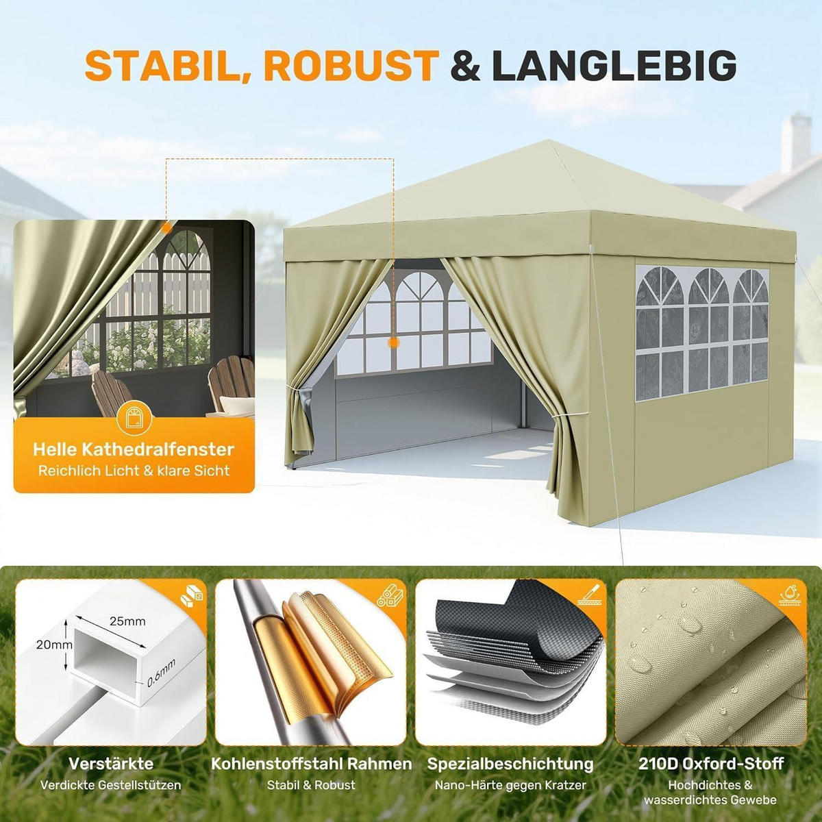 GARTENPAVILLON 3x3m Wasserdicht UV-Schutz 50+ Beige mit 4 Seitenteilen - Beige, Textil (300/265/300cm)