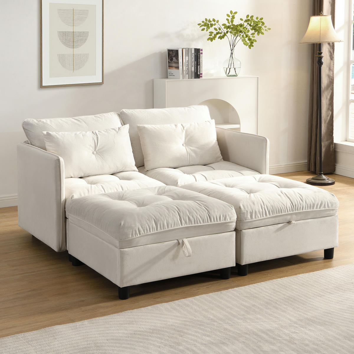 SOFA 4-Sitzer modulare Kombination mit Schlaffunktion Chenille Beige - Beige, Kunststoff (274/87/76cm) - OKWISH