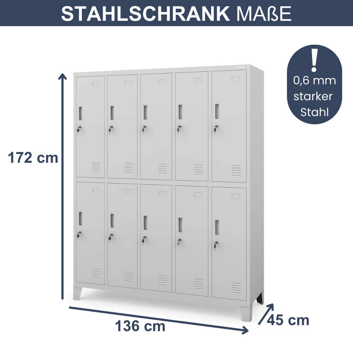 UMKLEIDESCHRANK Spind BERLIN 10 Abteile 172x136x45cm Grau - Grau, Metall (136/172/45cm) - DELUKE