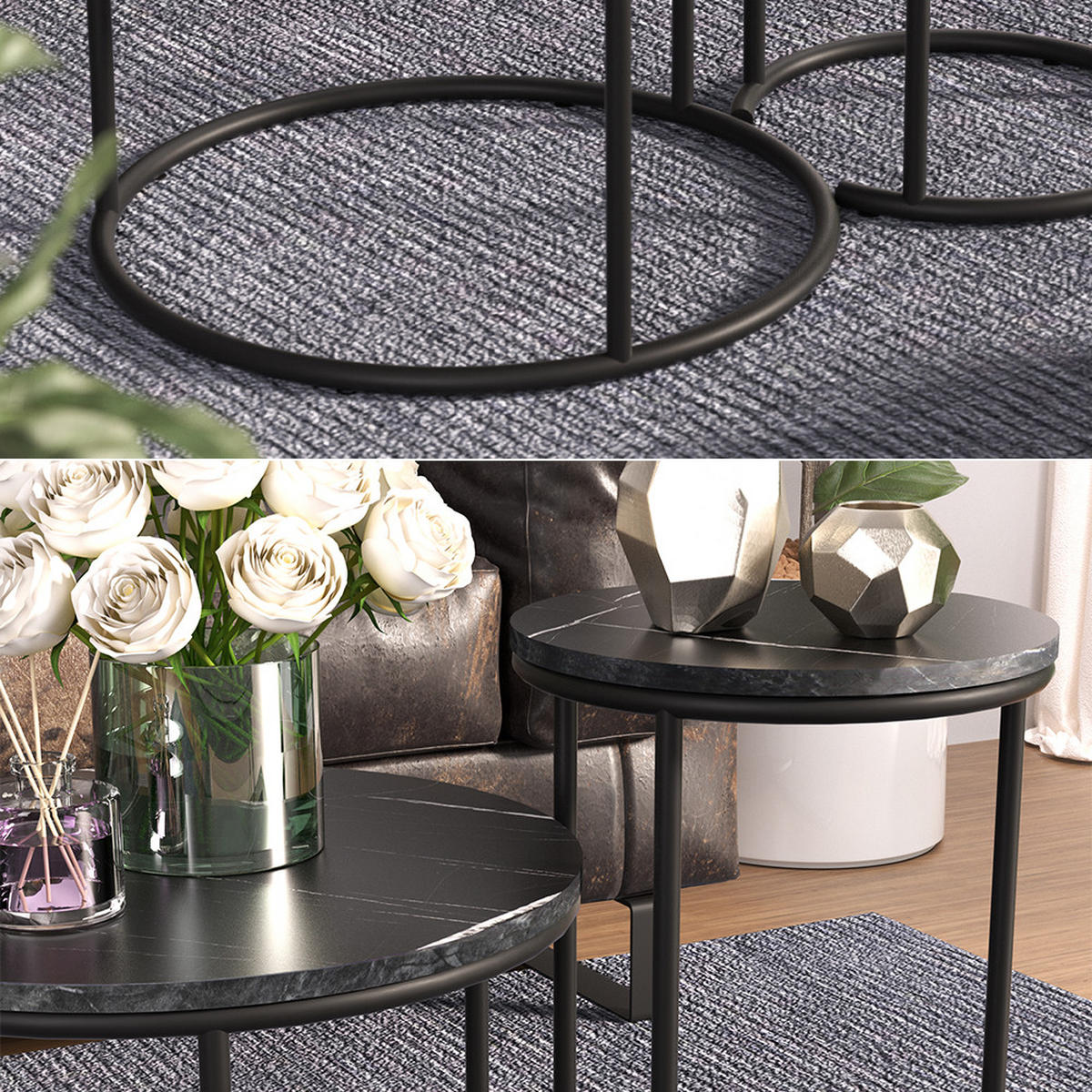 COUCHTISCH-SET Ottawa Schwarzer Marmor 55 x 55 cm 2 Teile - Schwarz Hochglanz, Holzwerkstoff (55/55/34.5cm) - Vicco