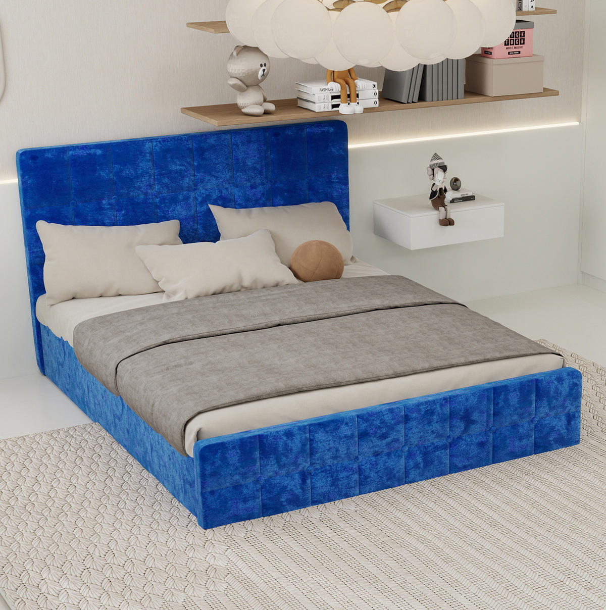 POLSTERBETT 160/200 cm blau aus Flannelette mit gepolstertem Kopfteil - Blau, Textil (160/200cm) - OKWISH