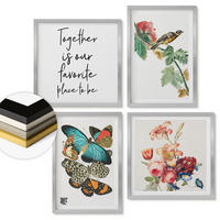 WANDBILDER 4er Set - 50x50 cm & 40x60 cm Silberner Rahmen - Blumen, Schmetterlinge, Vögel, Pastellfarben - Silberfarben, Kunststoff (50/50cm) - ArtPrintCave