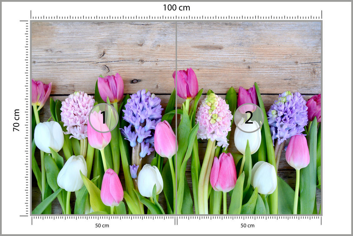 FOTOTAPETE für Küche Rosa Tulpen Violette Hyazinthen Holztisch 100x70 - Ecru/Violett, Papier (100/70cm) - Muralo