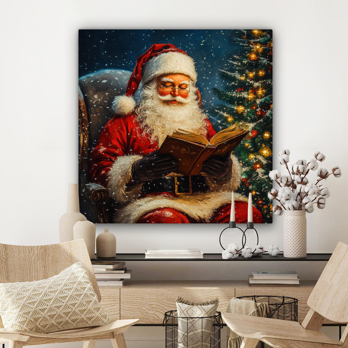 LEINWANDBILD Weihnachtsmann - Weihnachten - Winter - Weihnachtsbaum Deko Groß 90x90 cm - Bordeaux, Textil (90/90cm) - MuchoWow