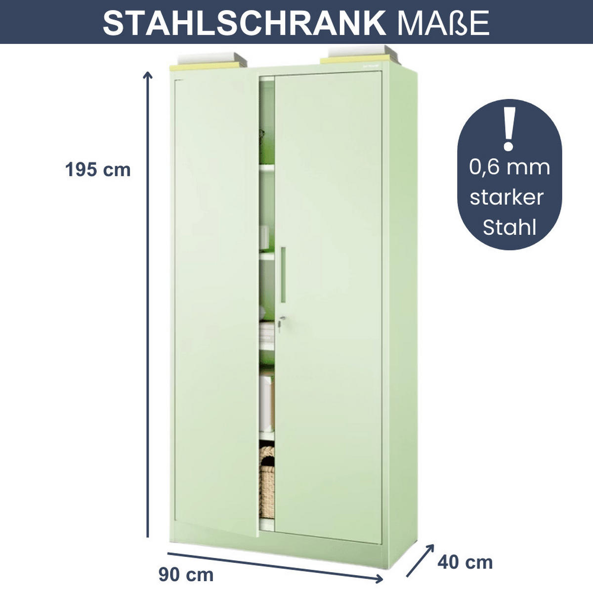 AKTENSCHRANK abschließbar KADO mit Flügeltüren 195x90x40cm Pastellgrün - Pastellgrün, Metall (90/195/40cm) - DELUKE