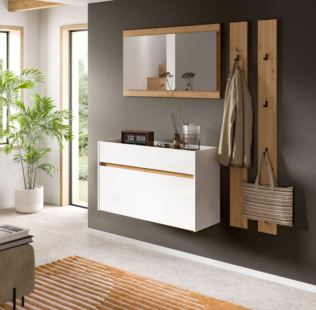 GARDEROBE-SET weiß und Artisan Eiche, Garderobe 4-teilig, 172 x 197 cm - Weiß/Eiche Artisan, Holzwerkstoff (172/197/32cm) - Inn.Furn