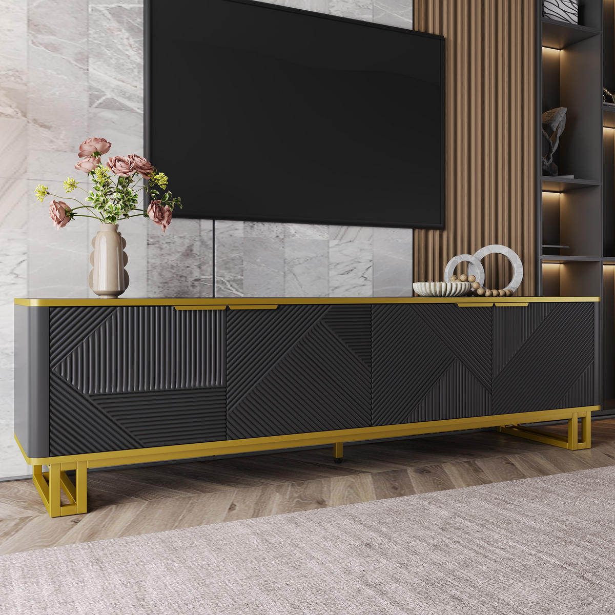 TV-SCHRANK Lowboard 160x37x48 cm 4 Türen - Schwarz, Holz (160/48/37.5cm) - Fortuna Lai