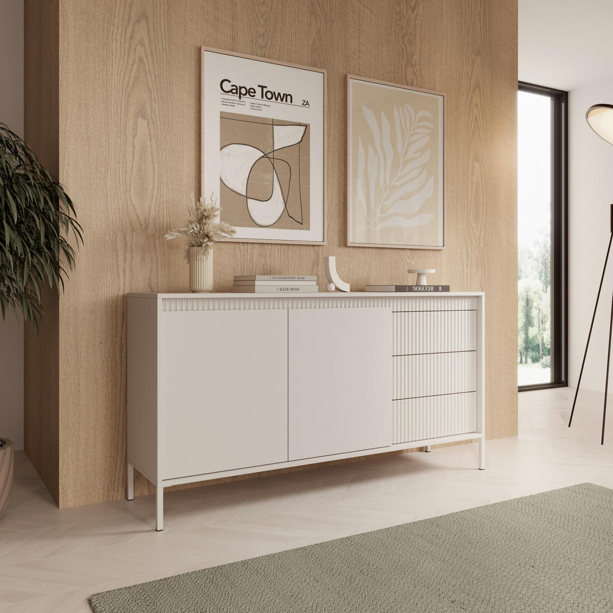SIDEBOARD SELBU KOM2 Reliefierte Fronten aus MDF-Platte Beige Beige - Beige, Glas/Holzwerkstoff (154/82/40cm) - Komodee