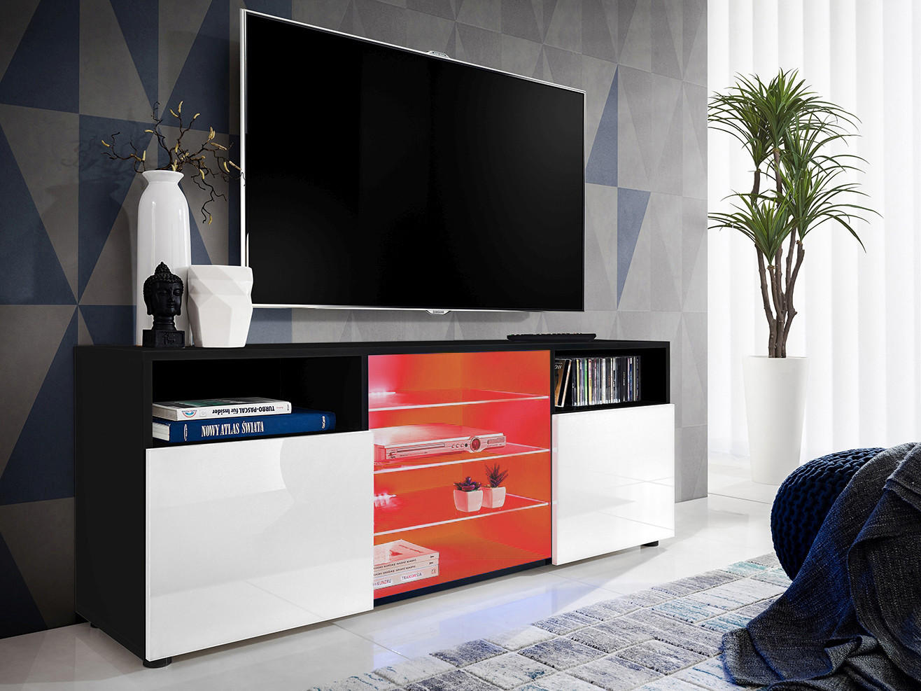 SIDEBOARD TV URBINO Black, LED Beleuchtung Mehrfarbige - Schwarz/Weiß, Glas/Holzwerkstoff (140/53/35cm) - Komodee