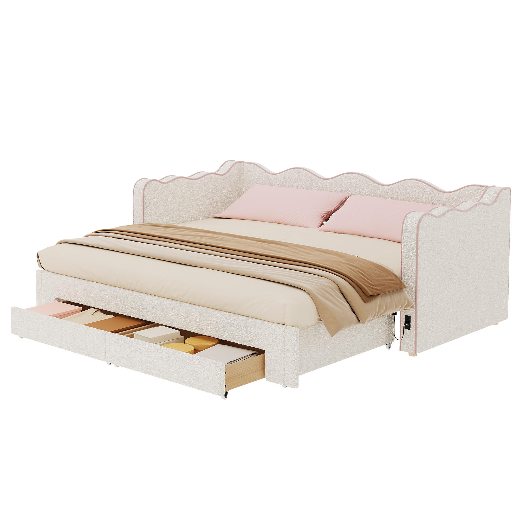 POLSTERBETT 90/200 cm in Beige mit 2 Schubladen, USB und Type-C - Beige, Holzwerkstoff/Textil (90/200cm) - CHICFURN