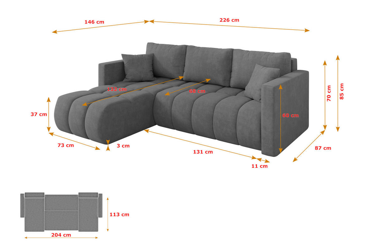 ROHOVÁ SEDAČKA s funkcí spaní, otoman vlevo GARD-L 226x146x85 šedá velur - černá/šedohnědá, kompozitní dřevo/textil (226/146cm) - ALTDECOR