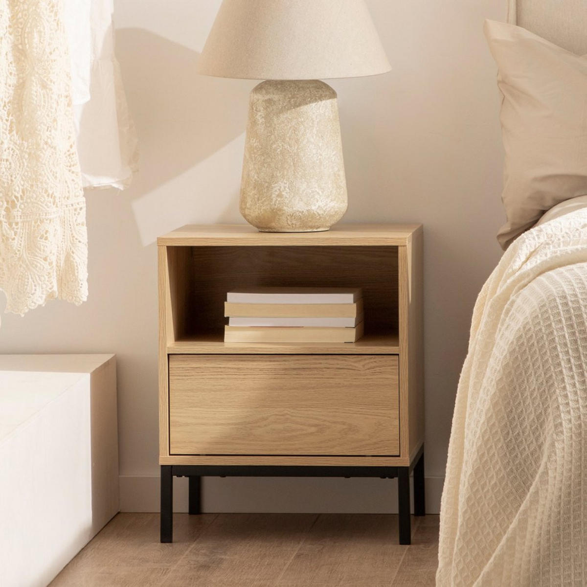 NACHTTISCH MIT 1 SCHUBLADE Remi Natürlich 45 cm x 55 cm 2er-Set - Naturfarben, Holzwerkstoff (45/55/40cm) - Klast Home