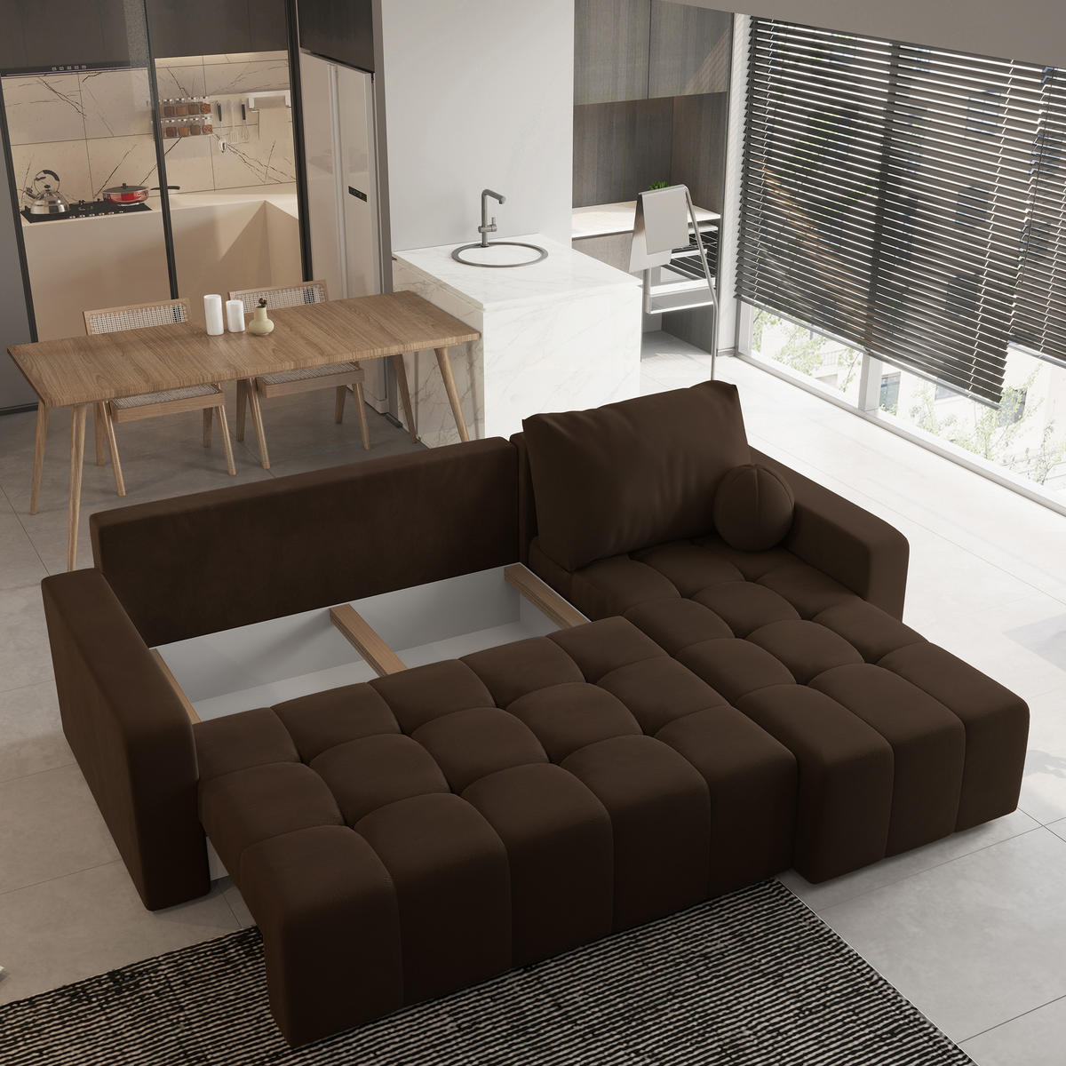 ECKSOFA VOLIRA Braun Plüsch-Stoff mit Schlaffunktion - Braun, Holz (230/143cm) - MASSENO