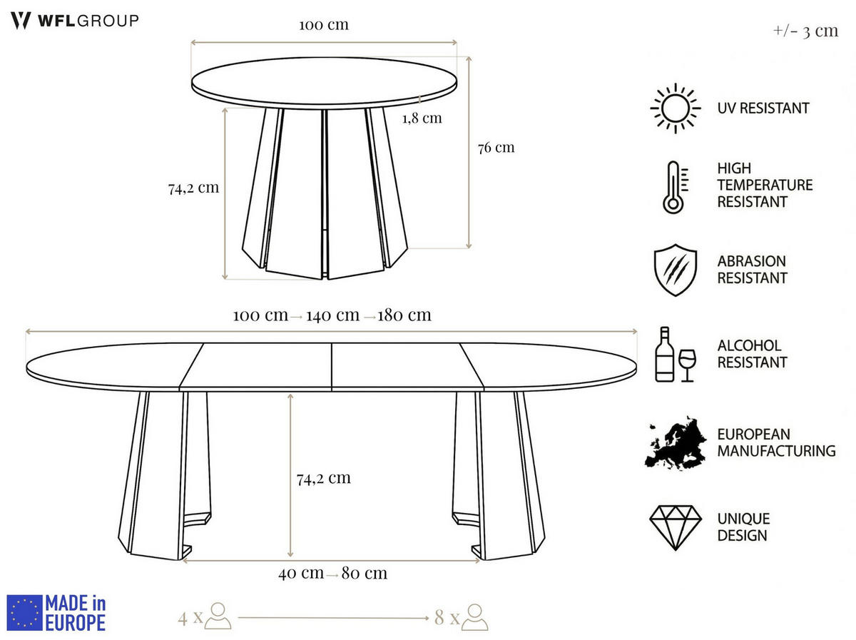 ESSTISCH Lunda rund ausziehbar verlängerbar, Buche Hellbraun 100-180/100/76 cm - Buchefarben/Schwarz, Holzwerkstoff (100/100/76cm) - WFL GROUP