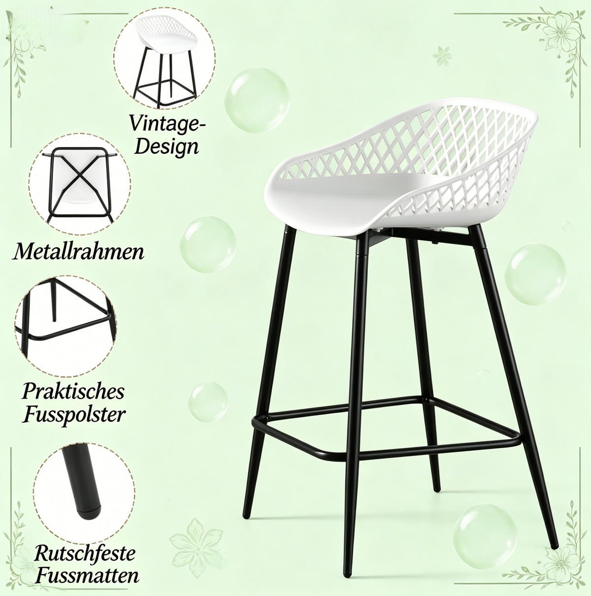 BARHOCKER 2er-Set mit Rückenlehne Weiß 47 x 84 x 48,5 cm - Weiß, Metall (47/84.5/48.5cm) - Meubliv