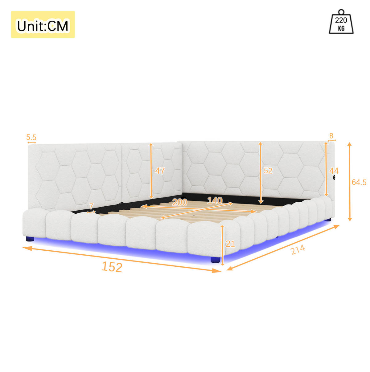 POLSTERBETT 140/200 cm Weiß aus Vliesimitat und MDF mit LED-Beleuchtung - Weiß, Textil (140/200cm) - OKMYHOME