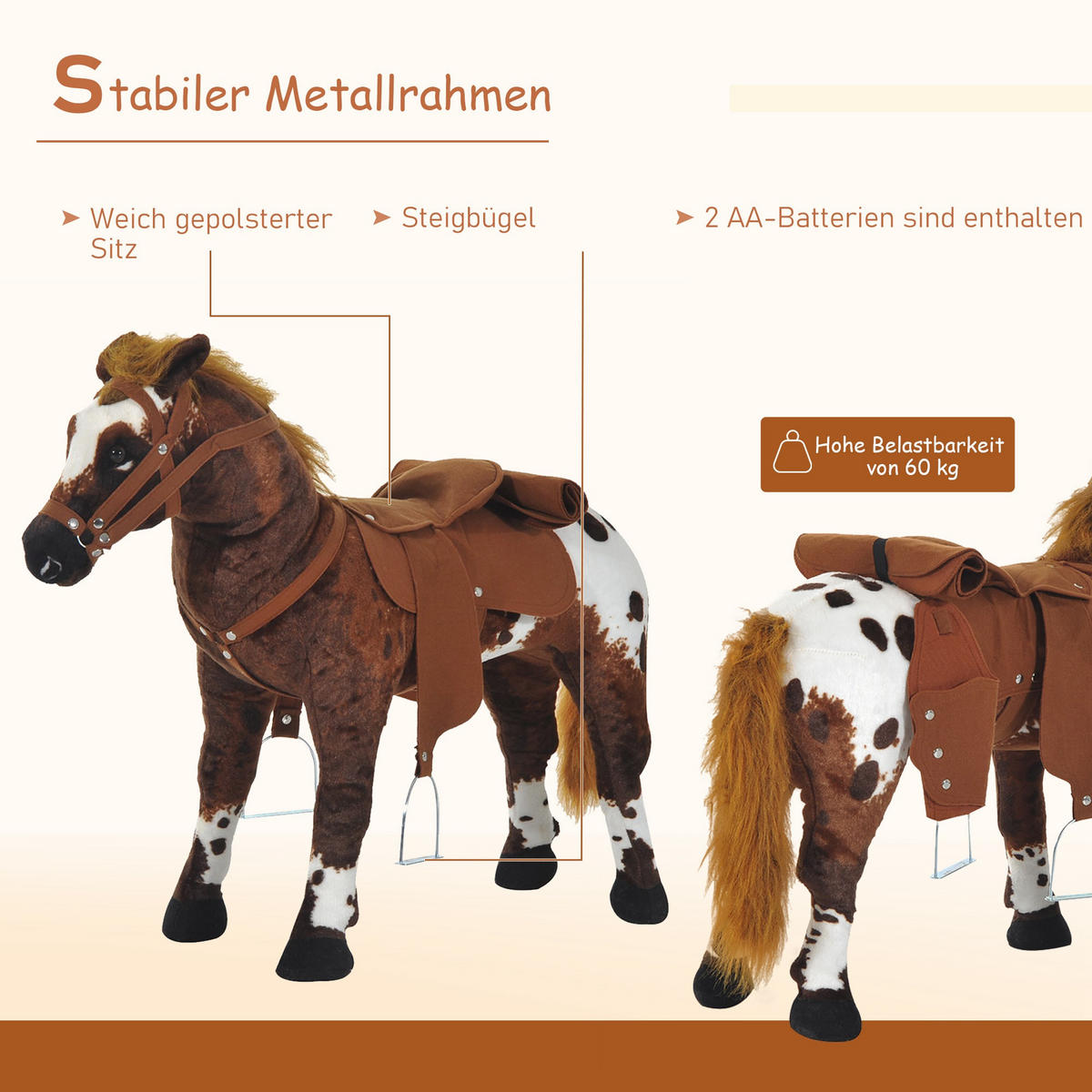 KINDER SCHAUKELTIER, Braun+Weiß, Plüsch+ Metall - Braun, Metall (28/60/85cm) - HOMCOM