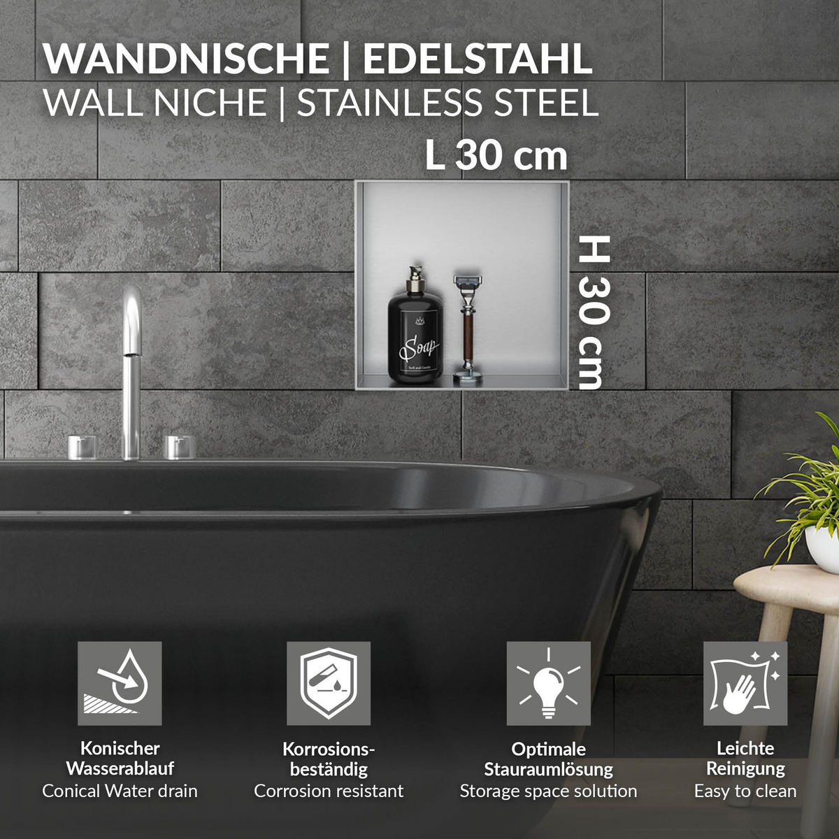 DUSCHNISCHE Silber 30/30 cm randlos - Silberfarben, Metall (30/30/10cm) - LuxeBath