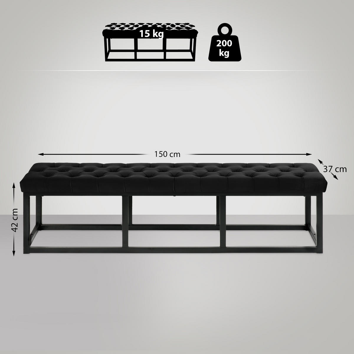 SITZBANK Polly Samt Schwarz 150 cm schwarz - Schwarz, Metall (150/42/37cm) - TPFLiving