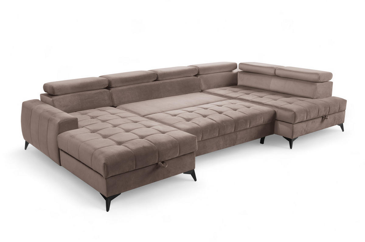 WOHNLANDSCHAFT Arkucio U Braun 345/200/95 cm – großes Sofa mit Schlaffunktion L - Schwarz/Braun, Textil/Metall (200/95/345cm) - AX Living