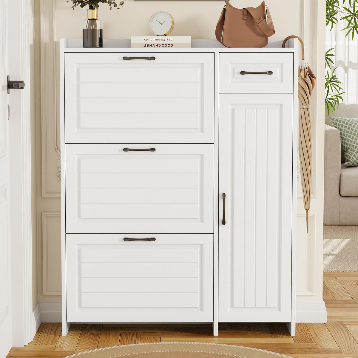 SCHUHSCHRANK 92x24x121cm Weiß mit 3 Klappen und Schublade - Weiß, Holzwerkstoff (92/121/24cm) - FLIEKS
