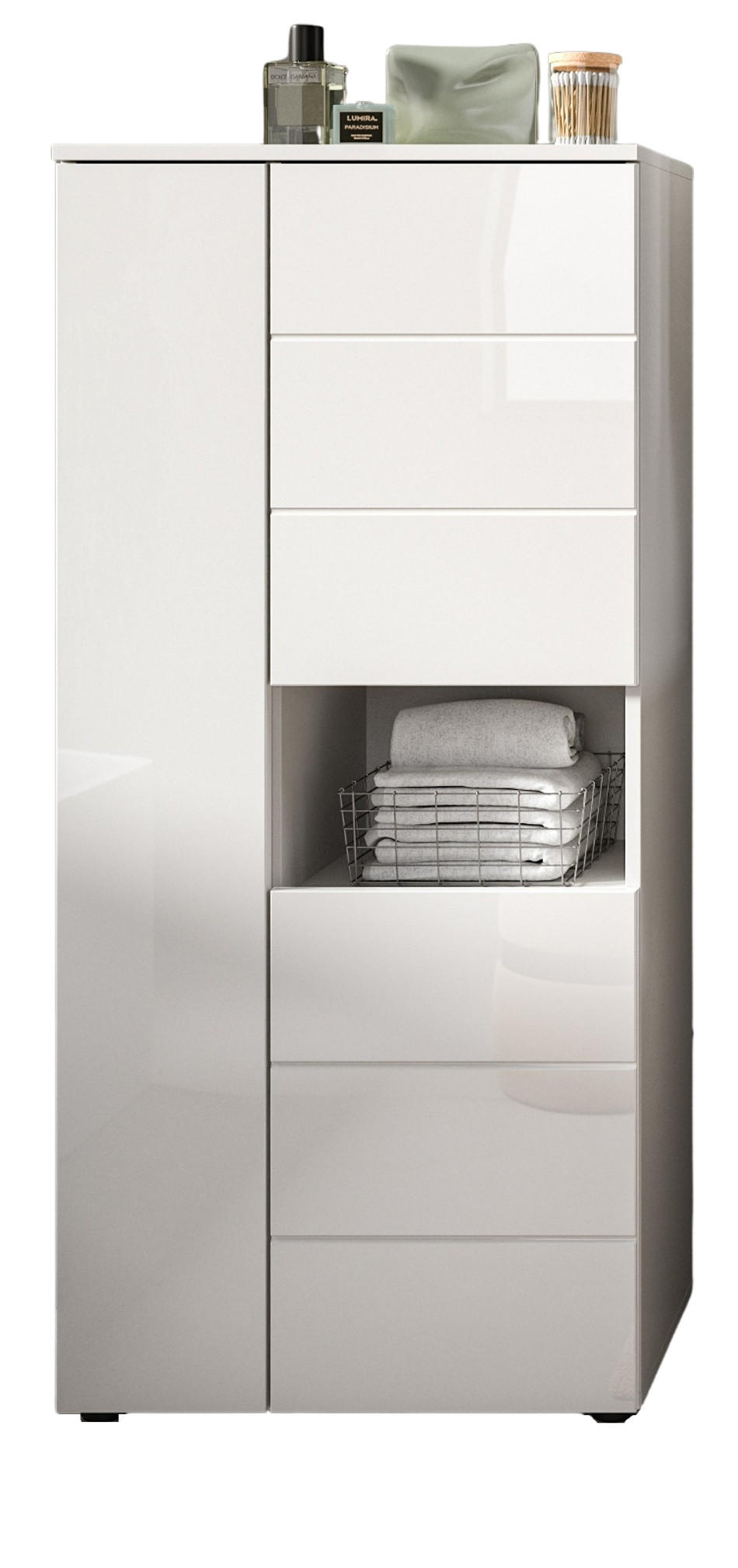 BADSCHRANK weiß Hochglanz 60 x 131 cm, Midischrank mit 9 Fächern - Weiß Hochglanz/Schwarz, Holzwerkstoff/Kunststoff (60/131/34cm) - Inn.Furn