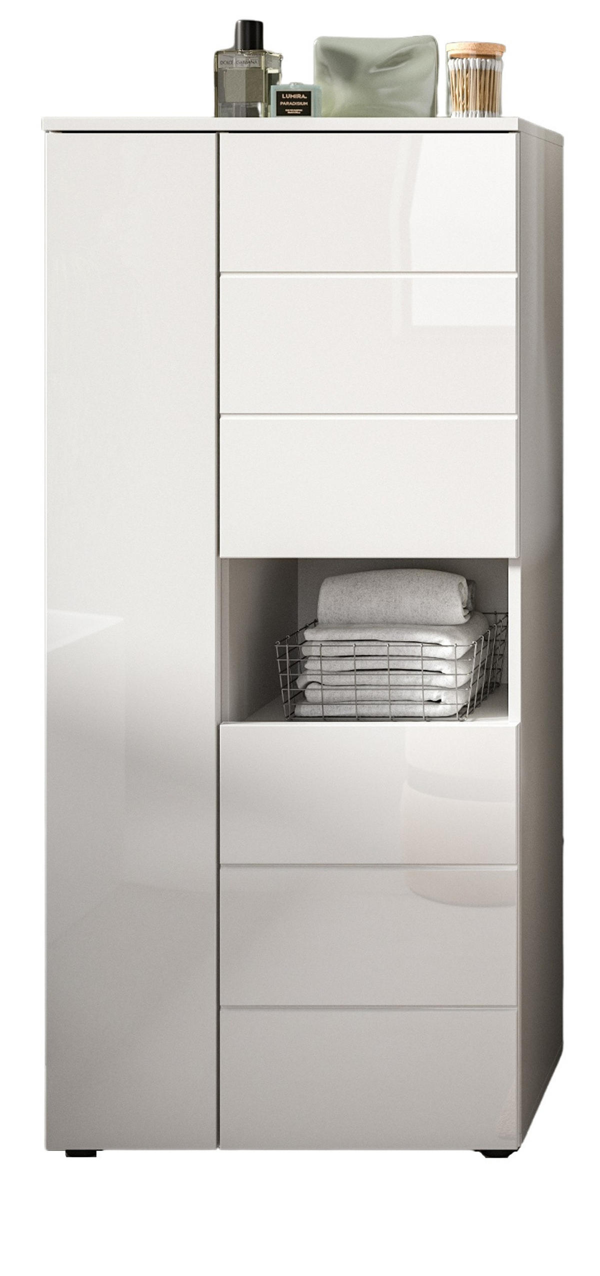 BADSCHRANK weiß Hochglanz 60 x 131 cm, Midischrank mit 9 Fächern - Weiß Hochglanz/Schwarz, Holzwerkstoff/Kunststoff (60/131/34cm) - Inn.Furn