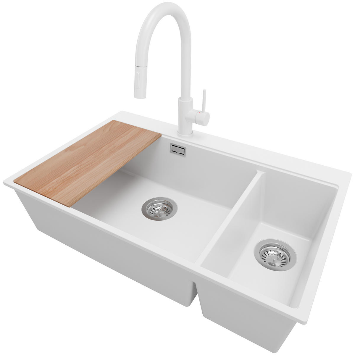 GRANITSPÜLE Oslo Duo, 2-er set Weiß 78/50 cm 2 Becken + Küchenarmatur 40/20 cm + Ablauf-Set + Schneidebrett ab 80er Unterschrank - Chromfarben/Beige, Kunststoff (78/20/50cm) - Primagran