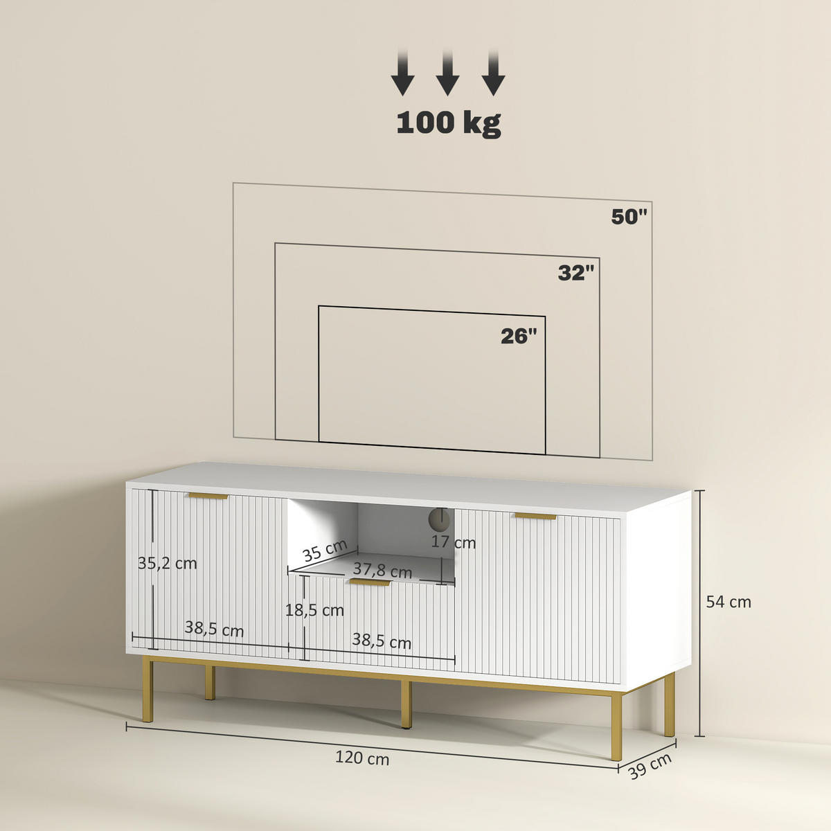 TV-LOWBOARD Weiß 120/39/54 cm, Soft-Close, Metallfüße, geriffelte Türen - Weiß, Holzwerkstoff (120/54/39cm) - PANGIVO