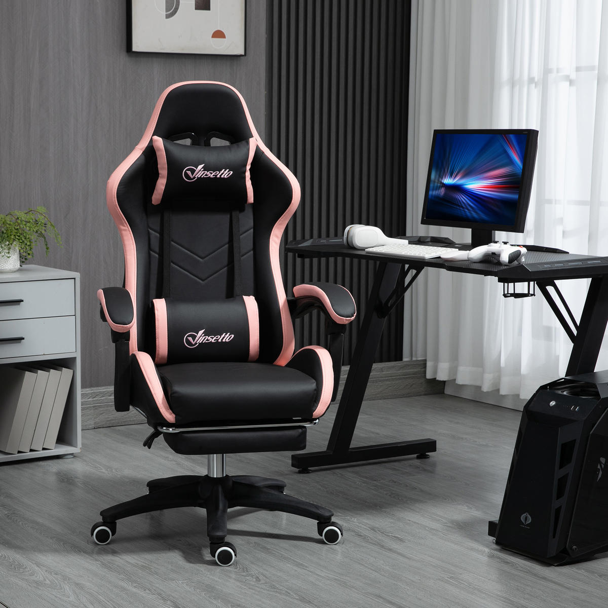 GAMINGSTUHL mit Kopf- und Lendenstütze Rosa + Schwarz - Schwarz, Kunststoff (65/129/65cm)