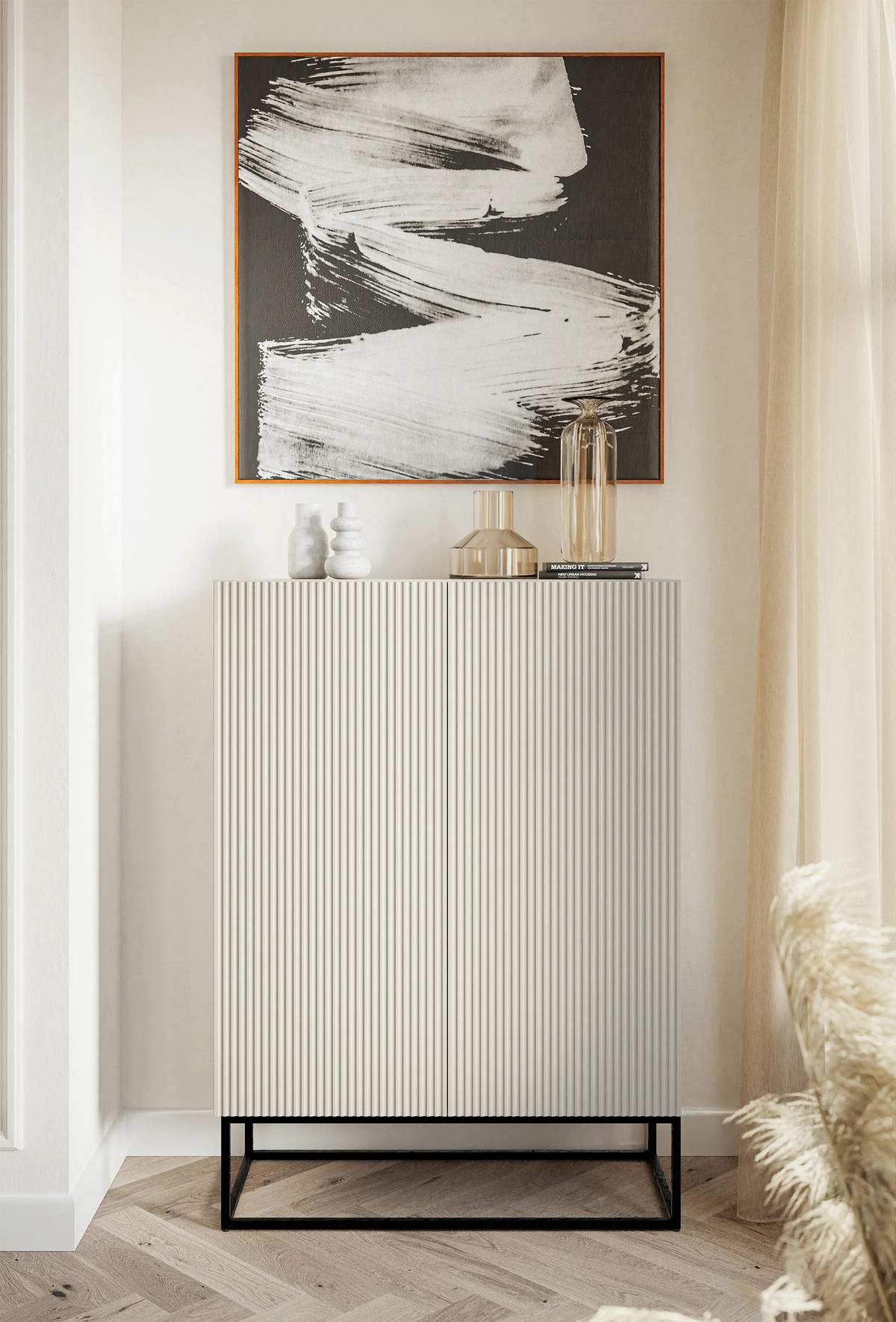HIGHBOARD 2dverová Veldio sivobéžová s čiernym kovovým rámom 90 cm - čierna/sivobéžová, kov/kompozitné drevo (125/90/38cm) - Selsey