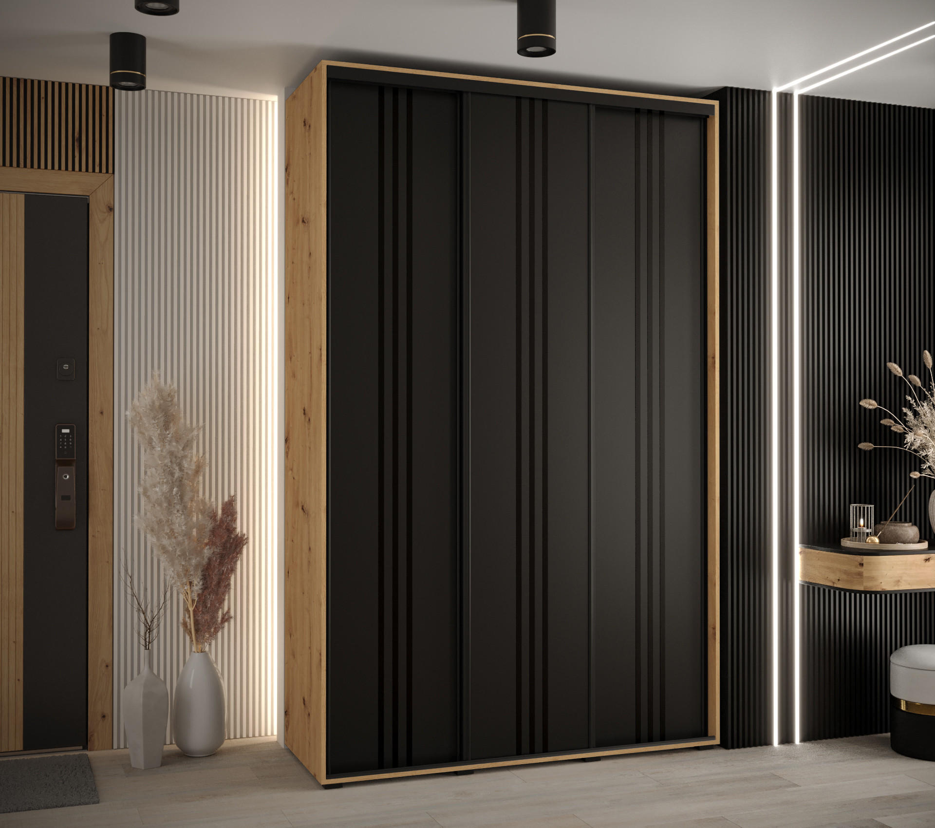 SCHWEBETÜRENSCHRANK 235,2/150/60 3-türig - Schwarz/Eiche Artisan, Holz/Metall (150/235/60cm) - Abiks Möbel