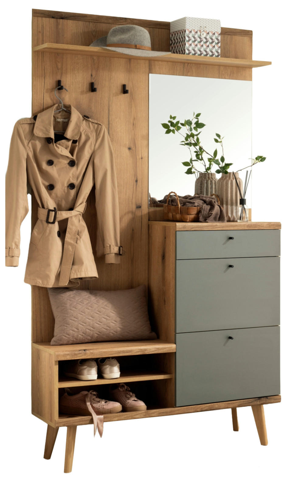 GARDEROBEN-SET Evoke Eiche, Salbei, Kompaktgarderobe skandinavisch 110 x 200 cm - Salbeigrün/Eichefarben, Glas/Holz (110/200/34cm) - Furn.Design