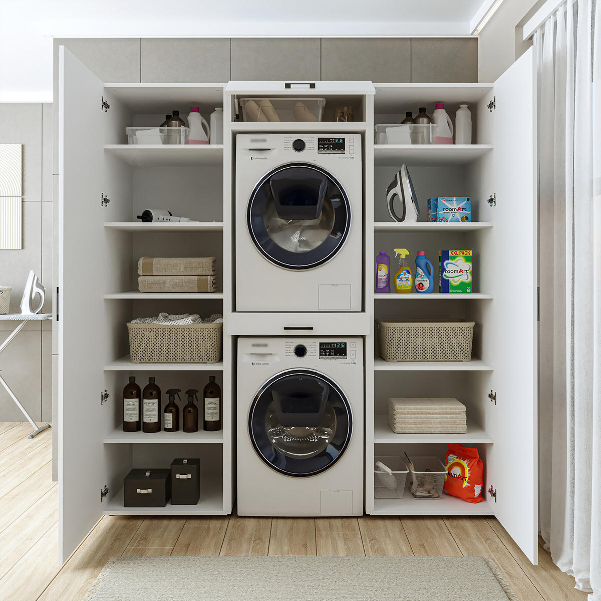 WASCHMASCHINENSCHRANK DUO-I 187cm Breit, 205cm Hoch - Weiß, Holzwerkstoff (187/205/67cm)