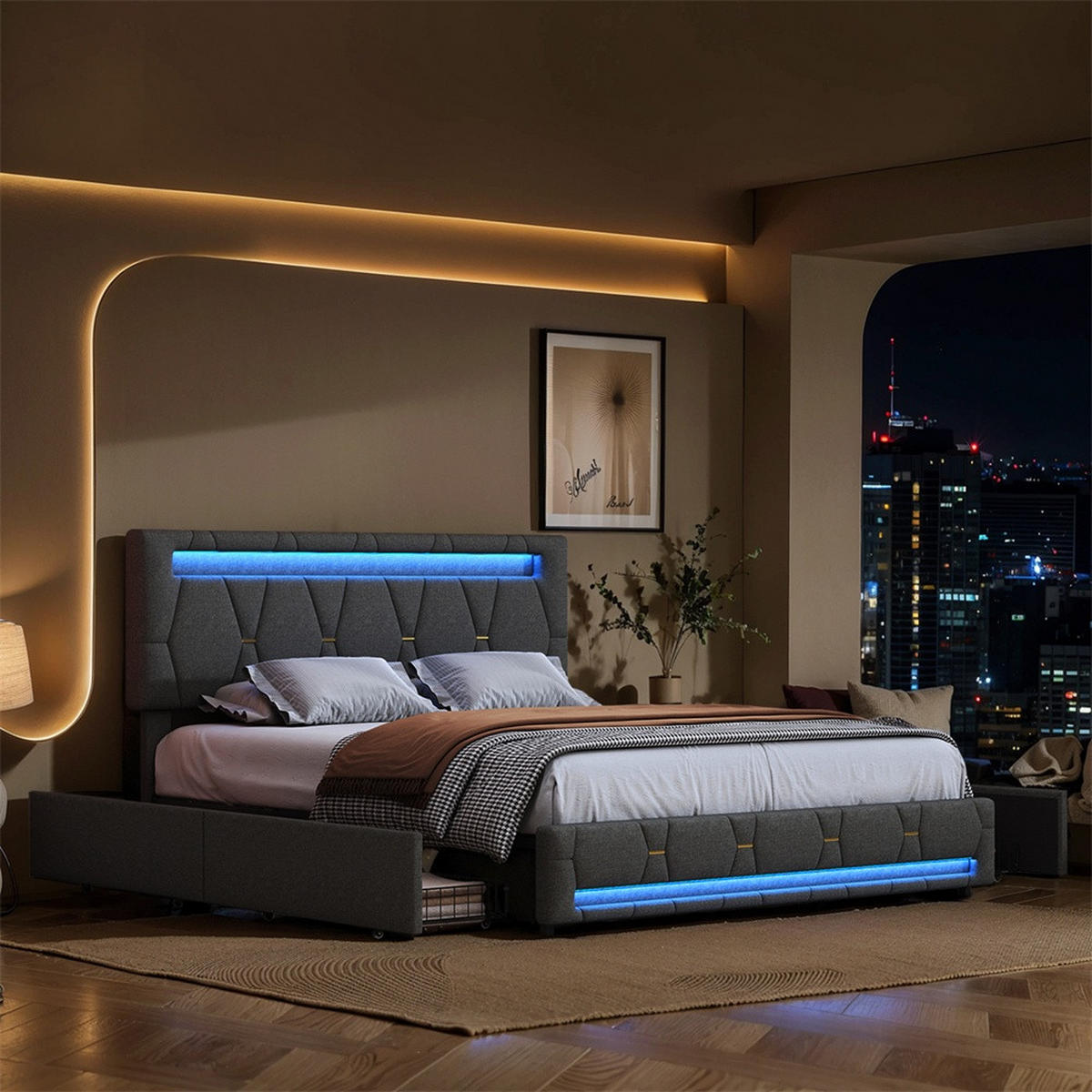 POLSTERBETT 140x200 cm - Doppelbett mit 4 Schubladen und LED-Beleuchtung - ohne Matratze - Grau - Grau, Textil (140/200cm) - DELFA