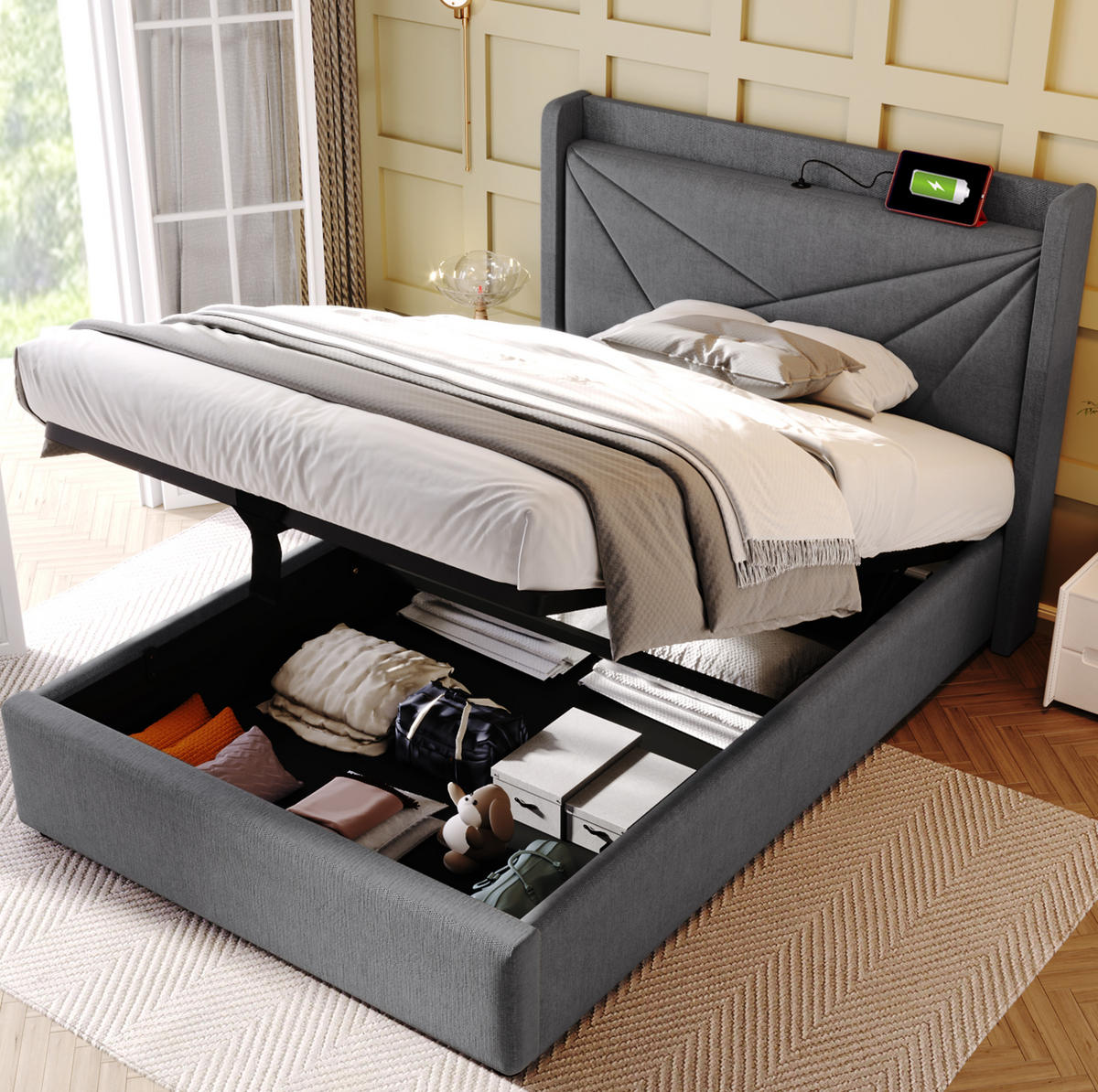 POLSTERBETT 90/200 cm Grau mit Bettkasten, Matratze und USB- und Type-C-Anschlüssen - Grau, Textil (90/200cm) - Flora Grace
