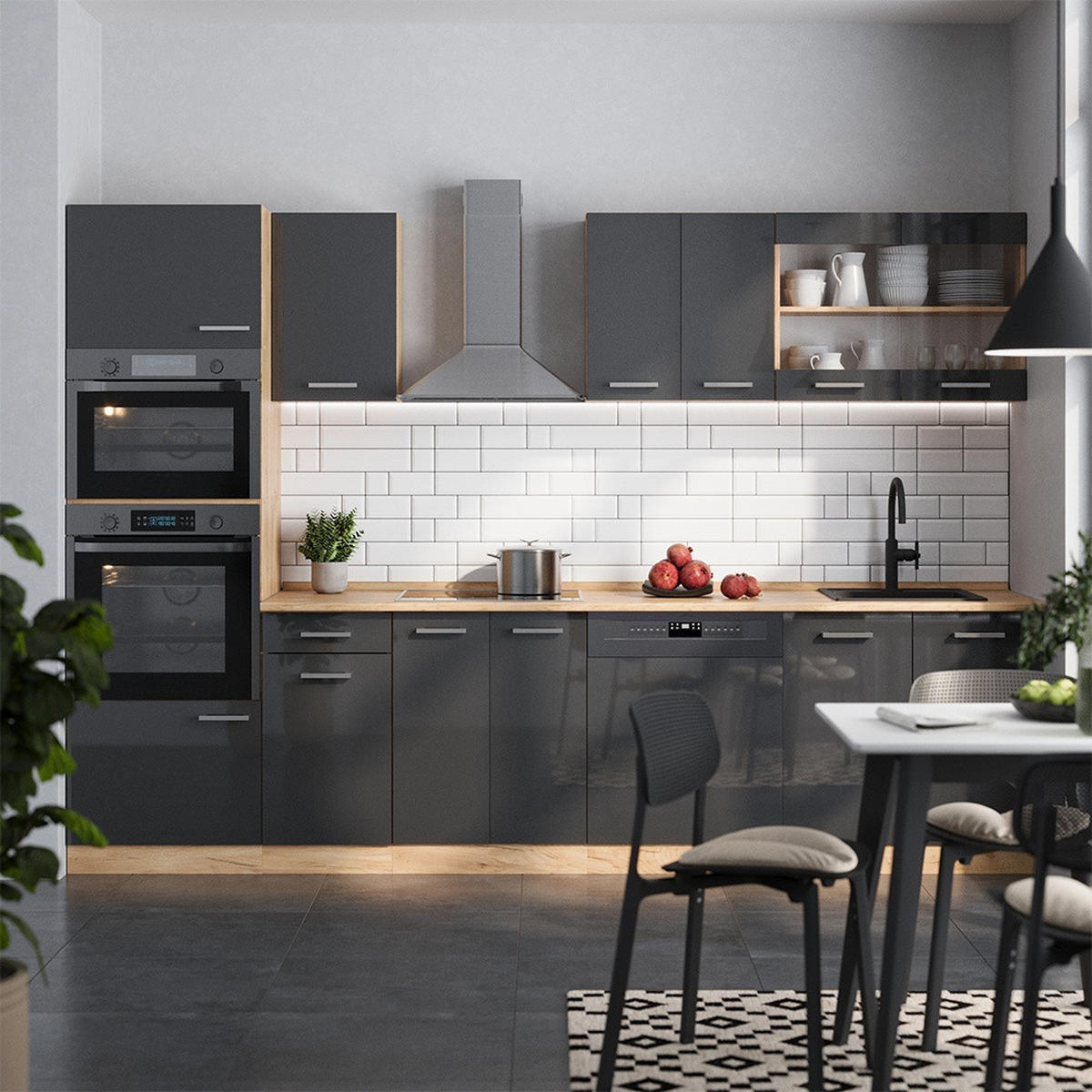 PENTRY R-Line Antracit högblank/Goldkraft ek 300 cm med högskåp, AP ek - Honungsek/Svart högglans, Träbaserade material (300/206.8/60cm) - Vicco