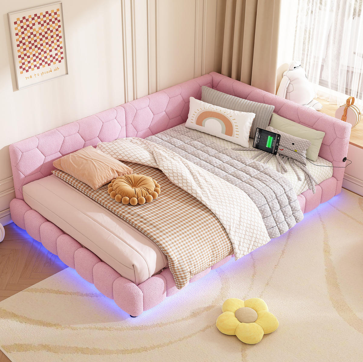 POLSTERBETT 140/200 cm Rosa mit LED-Beleuchtung, USB- und Type-C-Anschlüssen - Rosa, Textil (140/200cm) - Flora Grace