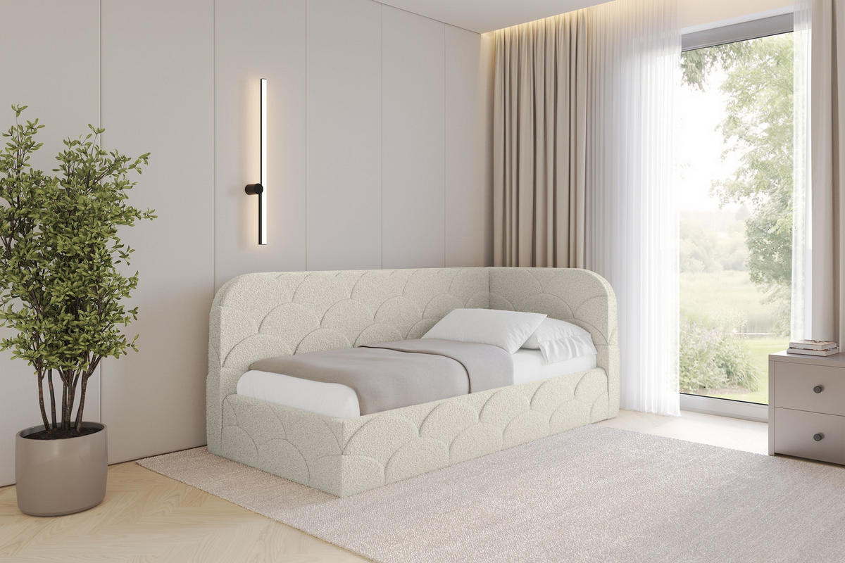 EINZELLBETT Jugendbett mit Bettkasten und Matratze H3/H4, Links - ELRY 90x200 Beige - Champagner, Holzwerkstoff/Textil (90/200cm) - ALTDECOR