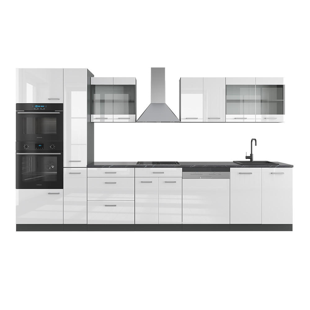 KÜCHENZEILE R-Line Weiß Hochglanz/Anthrazit 350 cm mit Hochschrank, ohne AP - Weiß Hochglanz/Anthrazit, Holzwerkstoff (350/81.6/46cm) - Vicco
