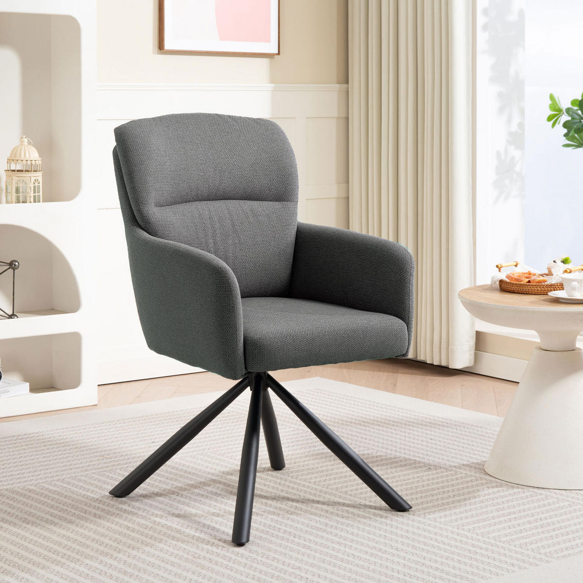 ESSZIMMERSTUHL 360° Drehbar Küchenstuhl mit Leinenbezug, Ergonomisch Grau - Schwarz/Grau, Textil/Metall (63/93/57cm) - HOMCOM