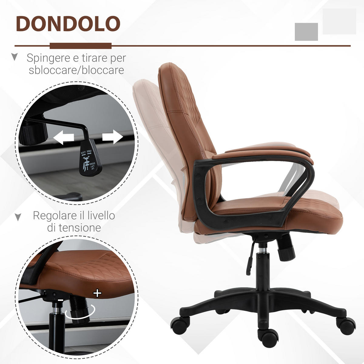 SCHAUKELSTUHL, 2 Massagepunkte, USB, Kunstleder, braun, 59x63x92-101cm - Multicolor, Holzwerkstoff (59/101/63cm) - FORIOUS