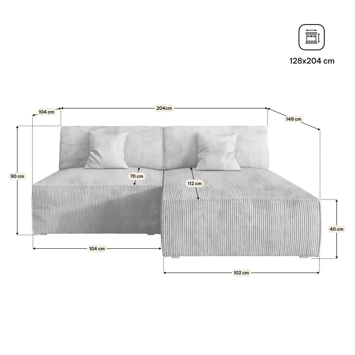 ECKSOFA FIORO P Graphitfarben Kordstoff mit Schlaffunktion - Graphitfarben/Grau, Holz/Kunststoff (204/148cm) - MASSENO