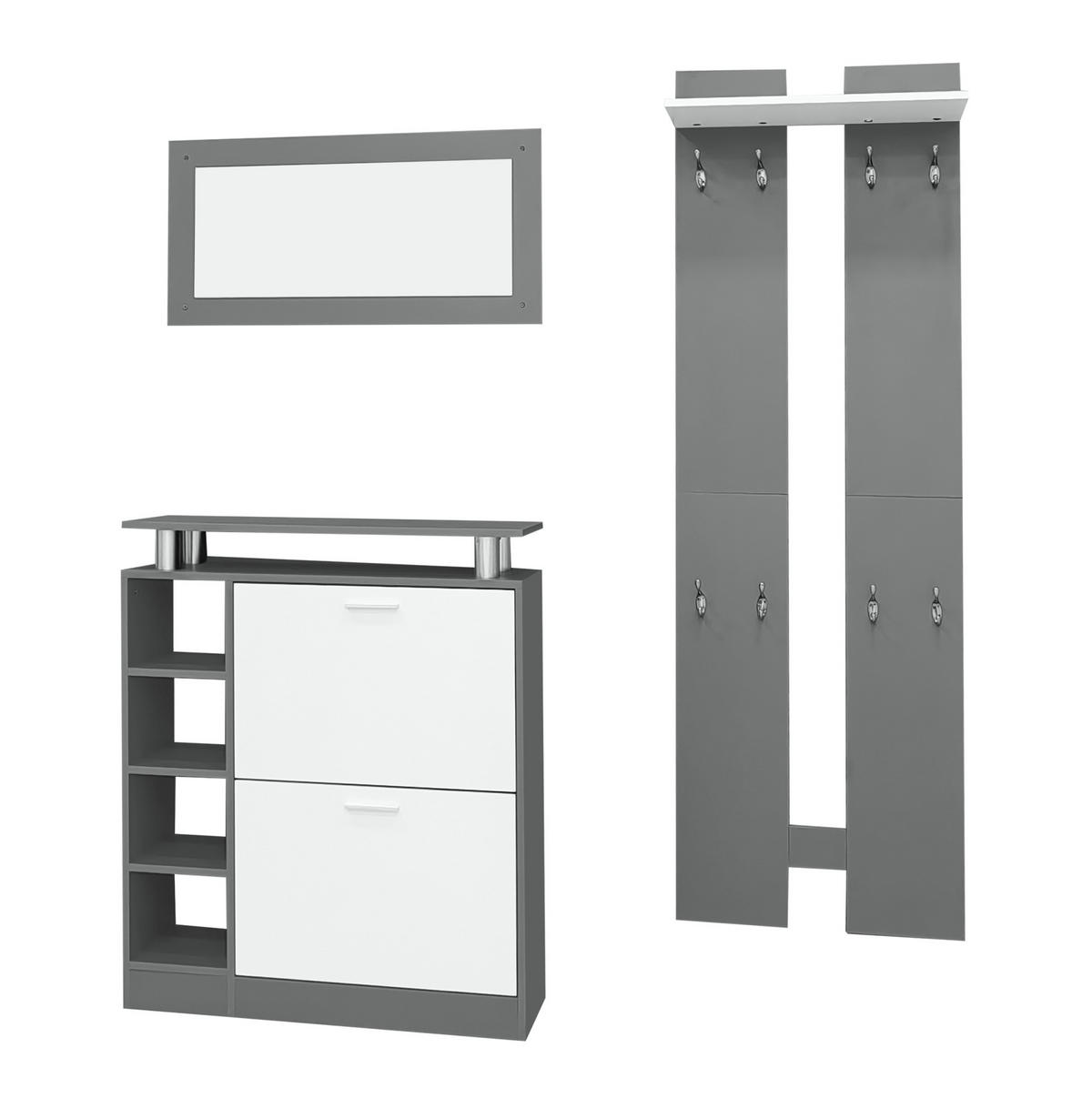 WANDGARDEROBE 80/25/96,5 cm mit 8 Haken, Spiegel und Schuhschrank in Grau/Weiß - Weiß, Holzwerkstoff (80/96/25cm) - BEAOK