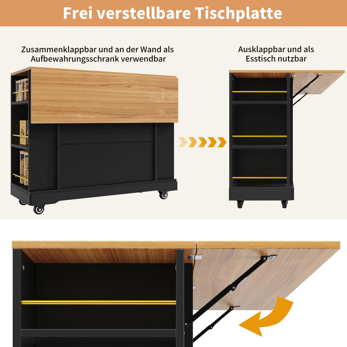 KÜCHENINSEL 120/65/90 cm Schwarz mit Klappblatt, 2 Schubladen und Stauraum - Schwarz, Holz/Holzwerkstoff (120/90/65cm) - Oxeza